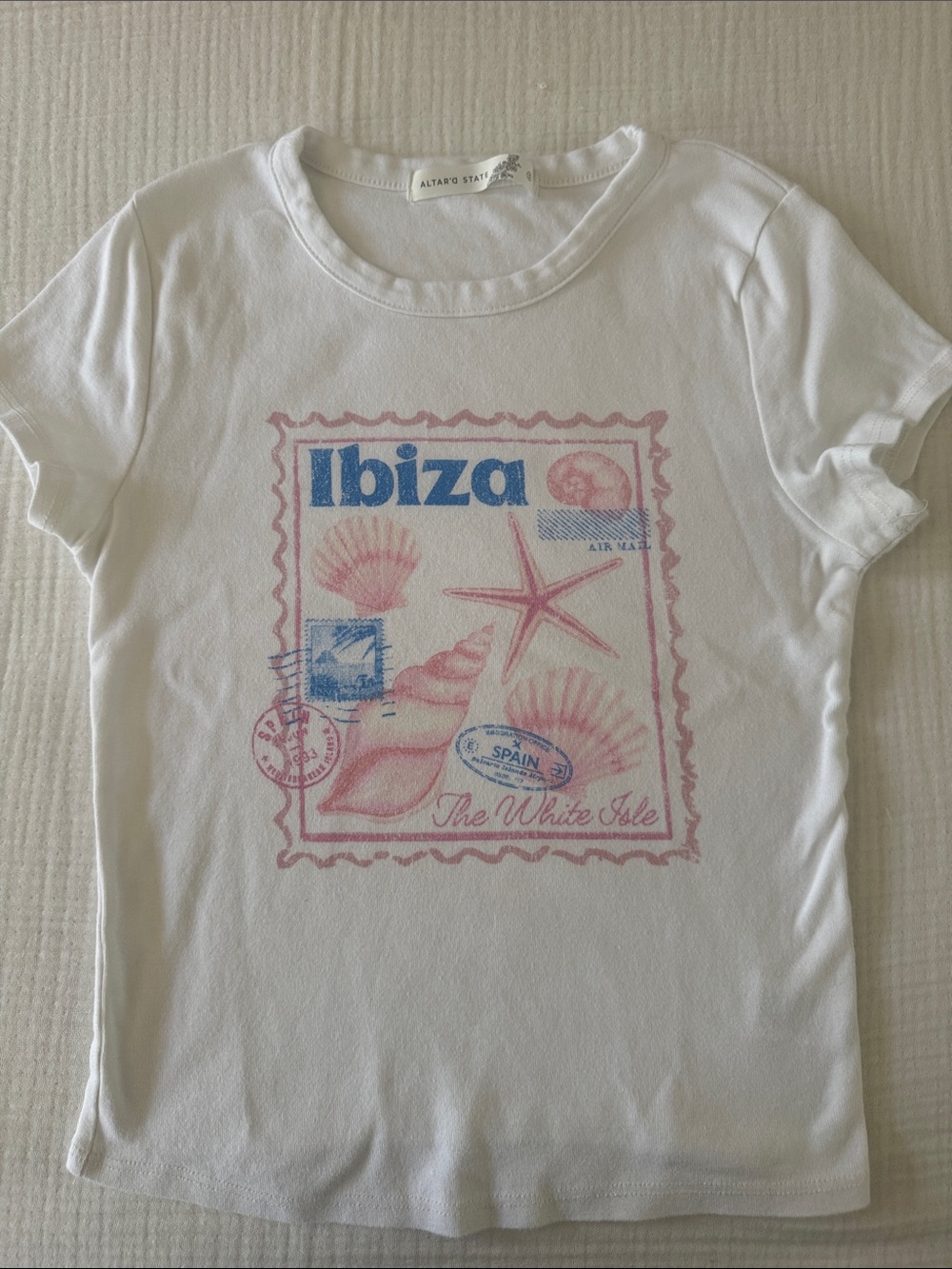 Altar'd State Teen Girl’s White Tee with Pink and Blue Ibiza Graphic